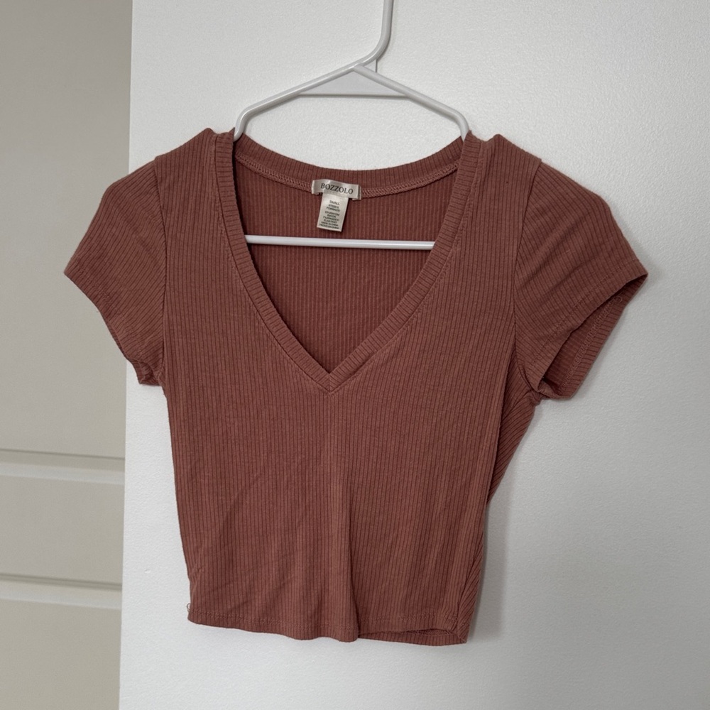 Bozzolo V-Neck Ribbed Crop Top - Rust